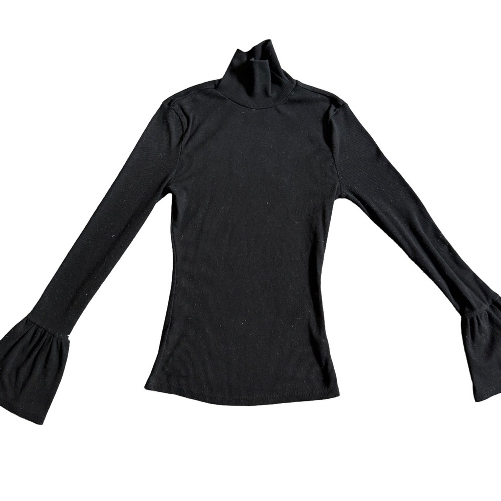 SHEIN BLACK RIBBED LONG SLEEVE FITTED MOCKNECK SWEATER W/ BELL SLEEVES SIZE XS